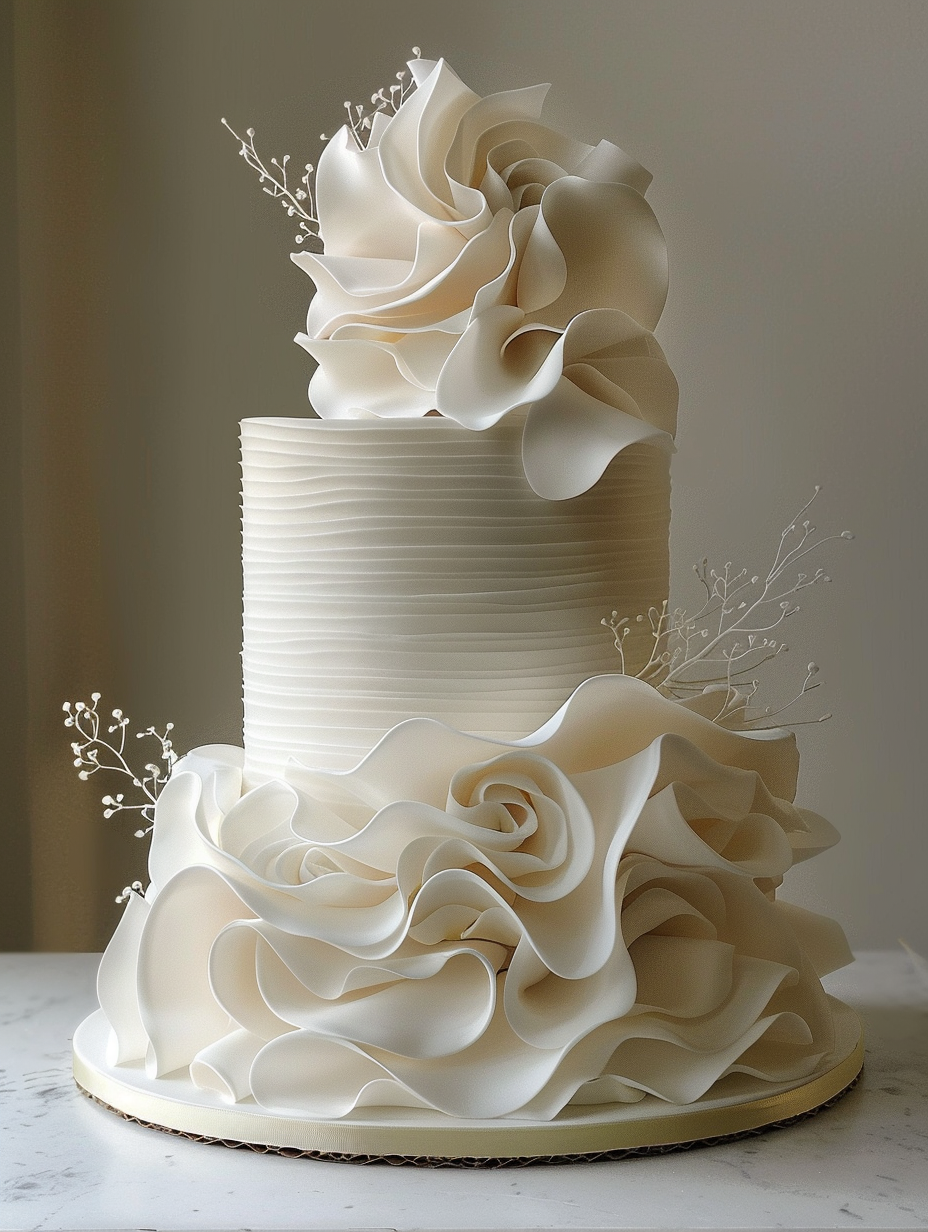 Ivory ruffle wedding cake with a sculptural sugar-flower topper and sweeping petal folds.